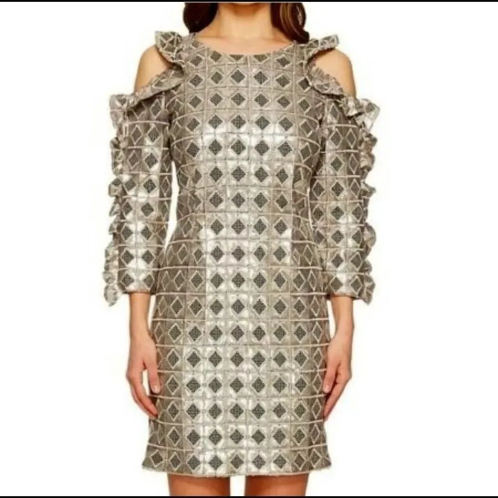 Intropia for Anthropologie Silver Sequin Club Cold Shoulder Dress sz 12 NWT
